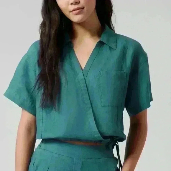 NWT ATHLETA Playa Linen Tie Top in borealis green Sz L MSRP $79 - Picture 1 of 6